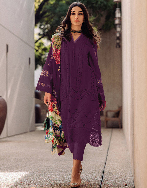 Heavy Designer Wedding Wear Salwar Kameez Violet Heavy Cotton Pant Straight Front View